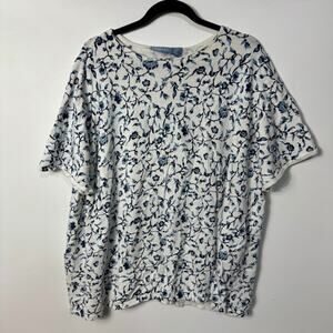 Liz & Me Women's 4X Floral Top Half Sleeves White Blue